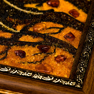 Detailed close-up of BalticBliss genuine amber artwork, showing natural Baltic amber stones embedded in textured amber background with intricate decorative frame, authentic Lithuanian handmade amber craftsmanship for luxury interior design.