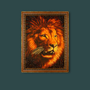 BalticBliss genuine amber lion portrait painting, majestic wildlife artwork handcrafted from natural cognac Baltic amber pieces with rich mane texture, authentic Lithuanian handmade amber art wall décor.