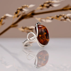 BalticBliss genuine amber ring with large oval cognac Baltic amber cabochon set in polished sterling silver, authentic Lithuanian handmade Baltic amber jewelry, luxury real amber ring gift for women
