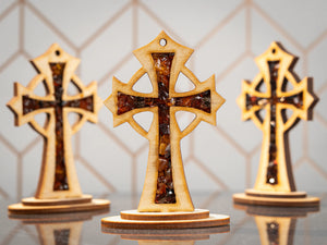 BalticBliss genuine amber standing wooden Celtic crosses with natural Baltic amber chips, handcrafted Lithuanian amber cross home dΓ©cor set, authentic amber religious souvenir gift.