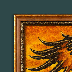 Close-up view of BalticBliss genuine amber artwork corner, highlighting detailed handcrafted frame and rich natural Baltic amber texture, showcasing superior Lithuanian amber craftsmanship, perfect for luxury decor and collectors.