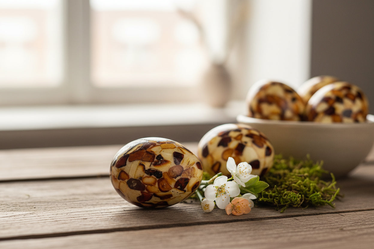 Bright natural light lifestyle photo of handcrafted amber mosaic Easter eggs on a wooden table. Two eggs in foreground with white spring blossoms and moss, more eggs in a white bowl behind β fresh minimalist Easter home decor with soft window light.