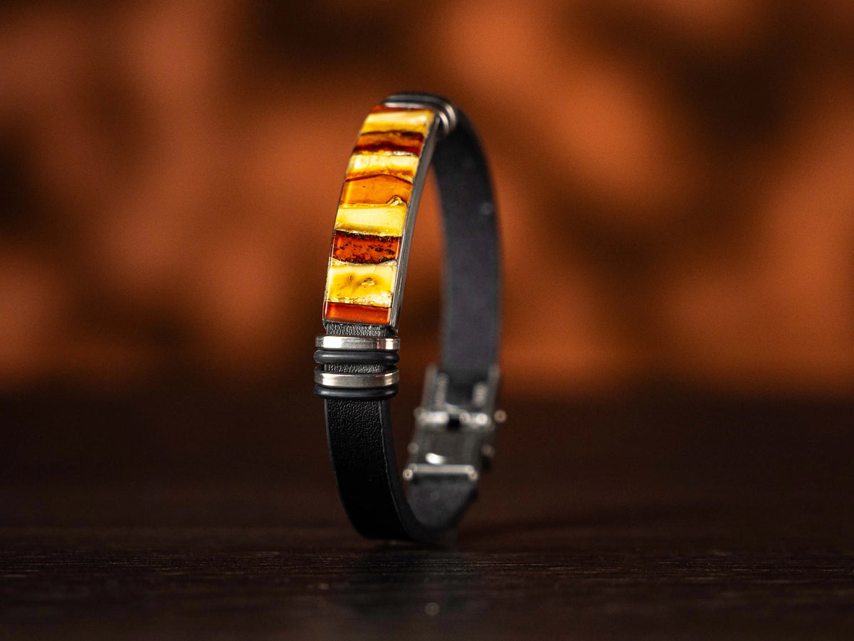 Black leather bracelet with a Baltic amber mosaic detail