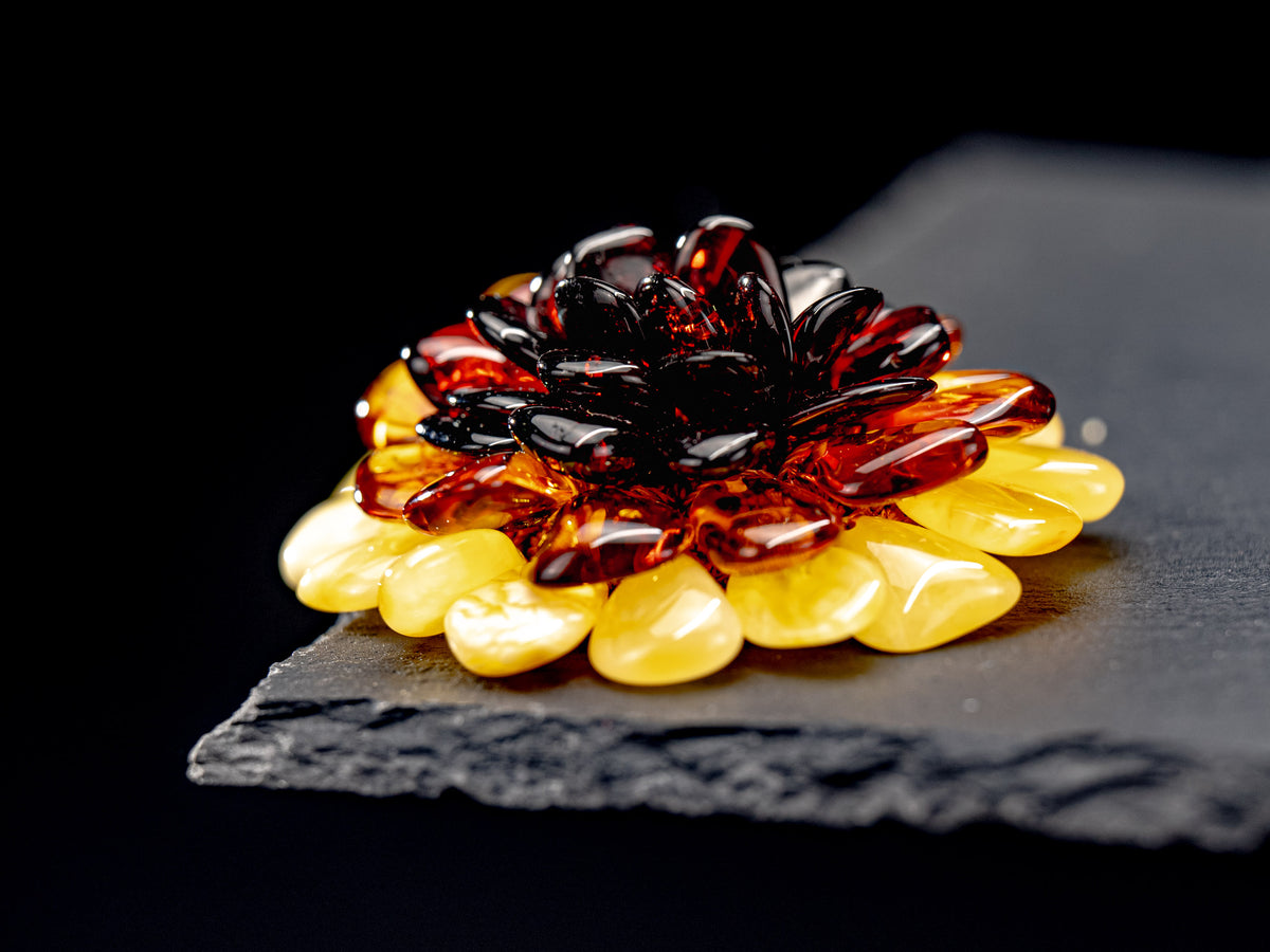 Yellow Flower Brooch-Pendant with Baltic Amber