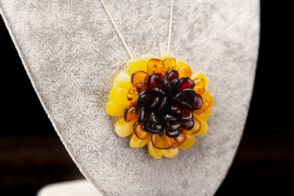 Yellow Flower Brooch-Pendant with Baltic Amber