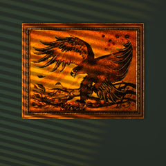 Handcrafted BalticBliss genuine amber artwork featuring a majestic eagle in flight against a sunset background, detailed with natural Baltic amber pieces, unique Lithuanian amber craftsmanship, perfect amber wall art for collectors and gifts.