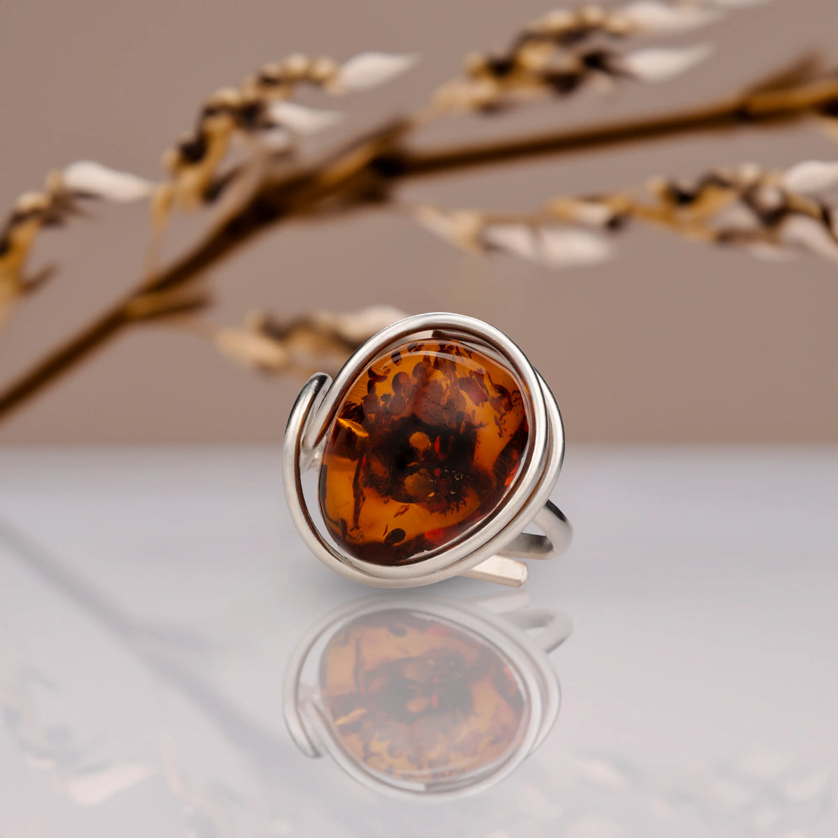 BalticBliss genuine amber ring with round cognac Baltic amber cabochon in sleek sterling silver bezel, handmade Lithuanian Baltic amber jewelry, elegant real amber ring gift for women