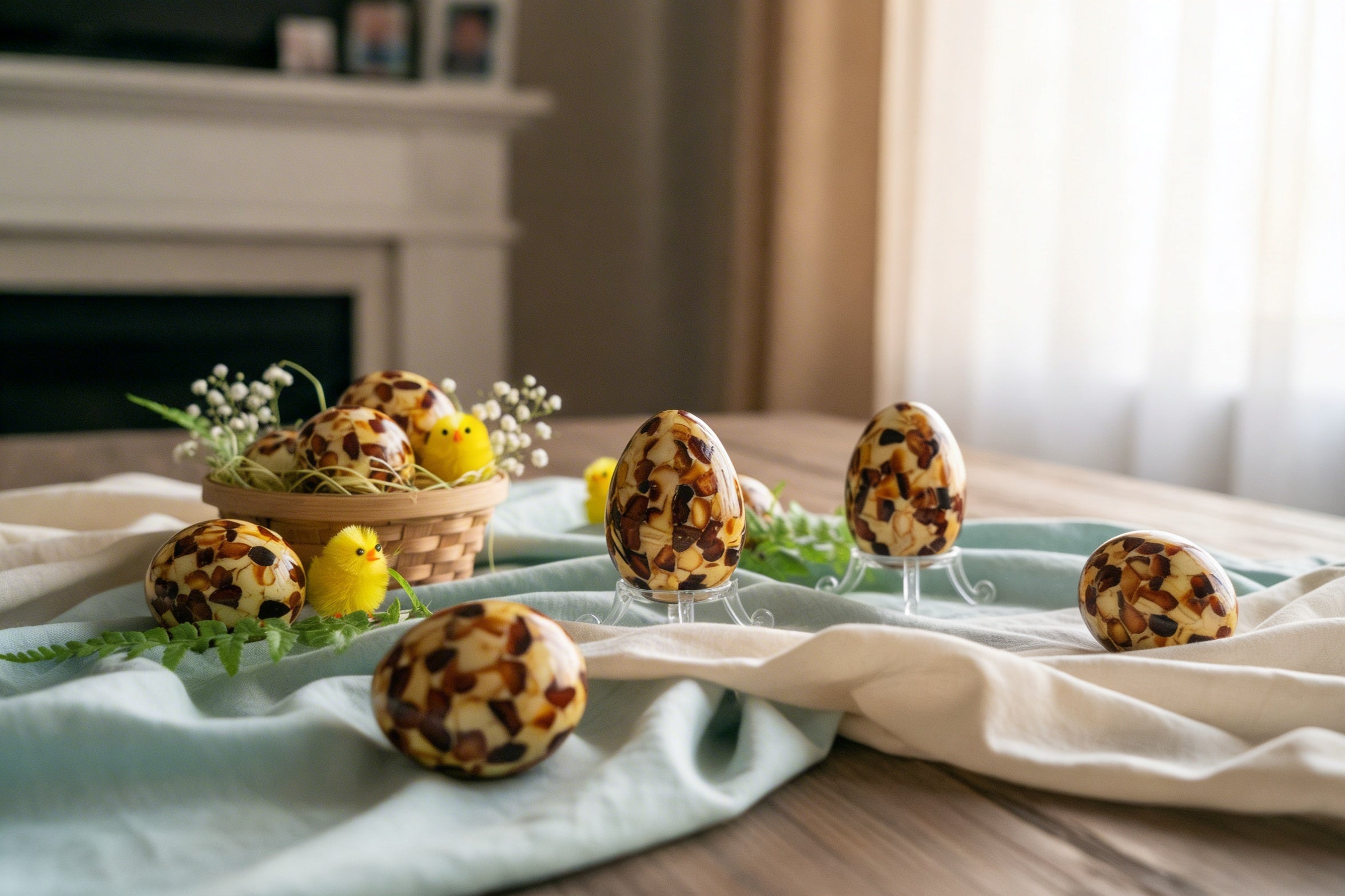 Cozy Easter table setting with handcrafted amber mosaic eggs made from genuine natural amber. Eggs displayed on stands and in a wicker basket with yellow chicks and white flowers on a wooden table with soft fabrics – warm spring home decor and festive centerpiece.